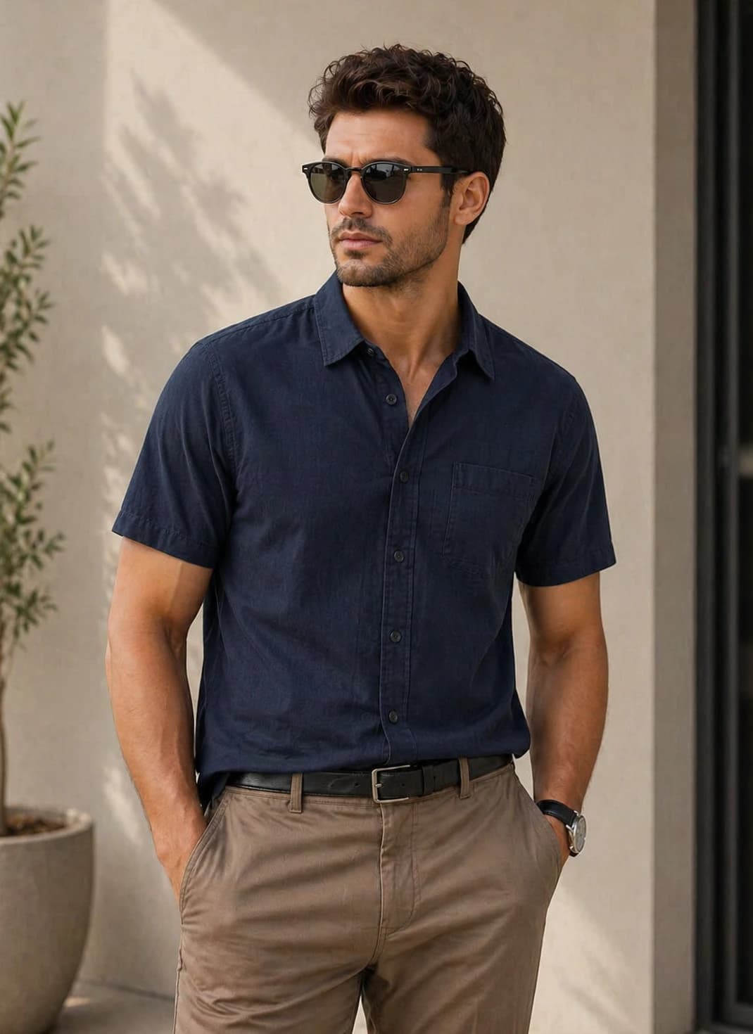 SHT72 With Pocket Navy Blue Half Sleeve Shirt